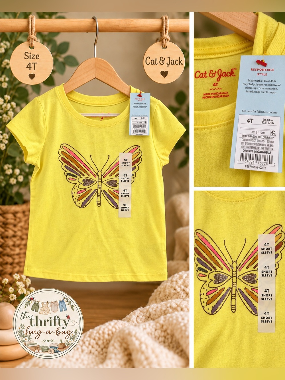 Cat & Jack Girls Yellow Butterfly Graphic Tee 4T NWT
